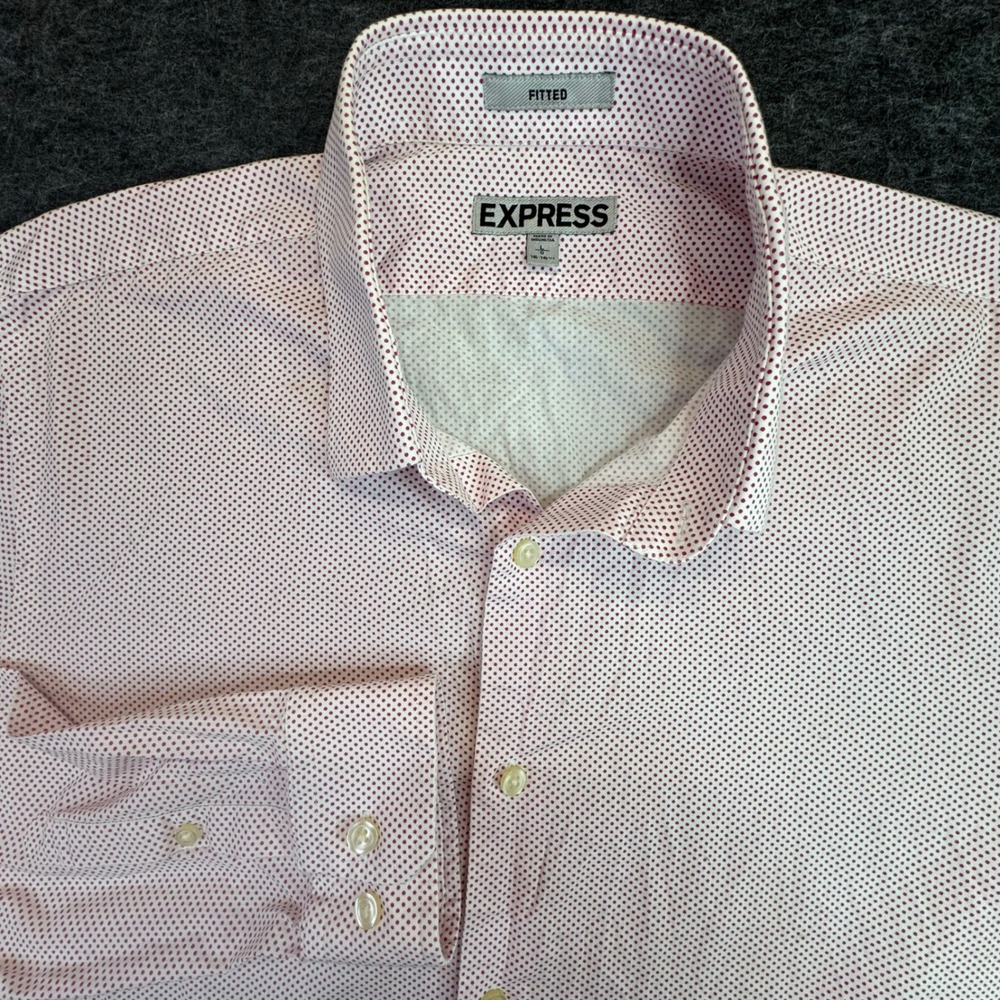 Express Dress Shirt Men Large White Pink‎ Polka Dot Fitted Long Sleeve Cotton